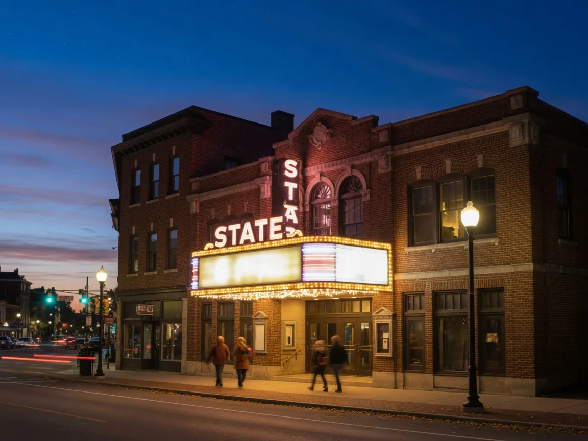 The historic State Theatre in downtown Easton at dusk, its brick facade and marquee glowing warmly against a cobalt September sky on Northampton Street