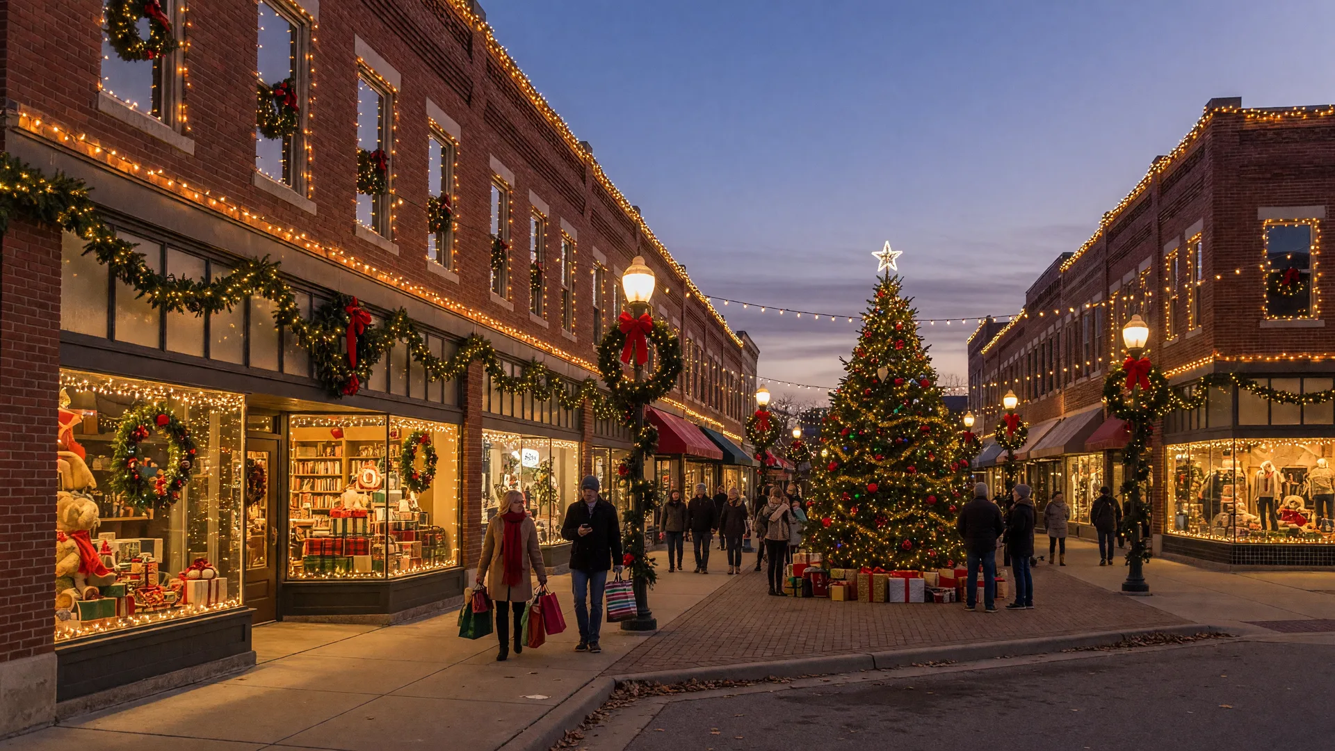 A festive Tulsa holiday shopping street at dusk with historic storefronts wrapped in warm string lights, glowing shop windows, and a decorated Christmas tree in the plaza