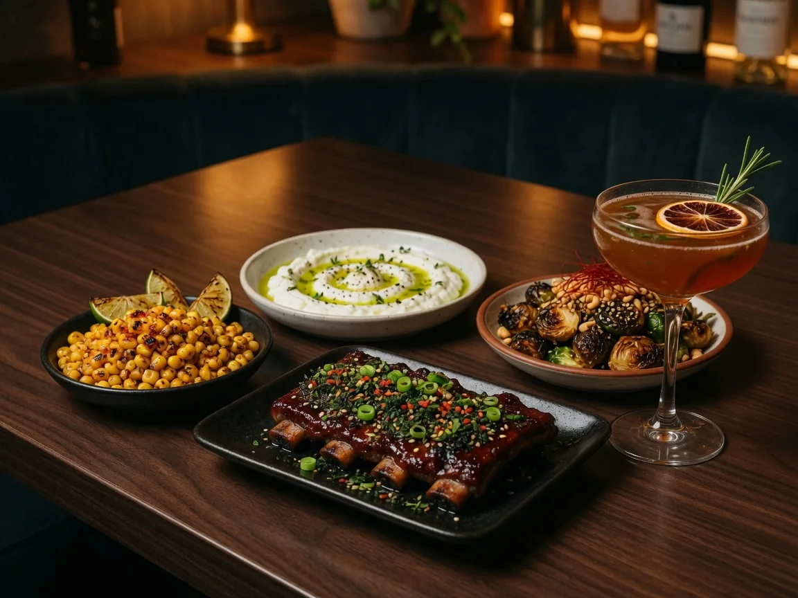 An elegant spread of global tapas at Suwanee Social in Suwanee Georgia, including smoked charred corn, Korean barbecue short ribs, whipped feta, Brussels sprouts, and a craft cocktail