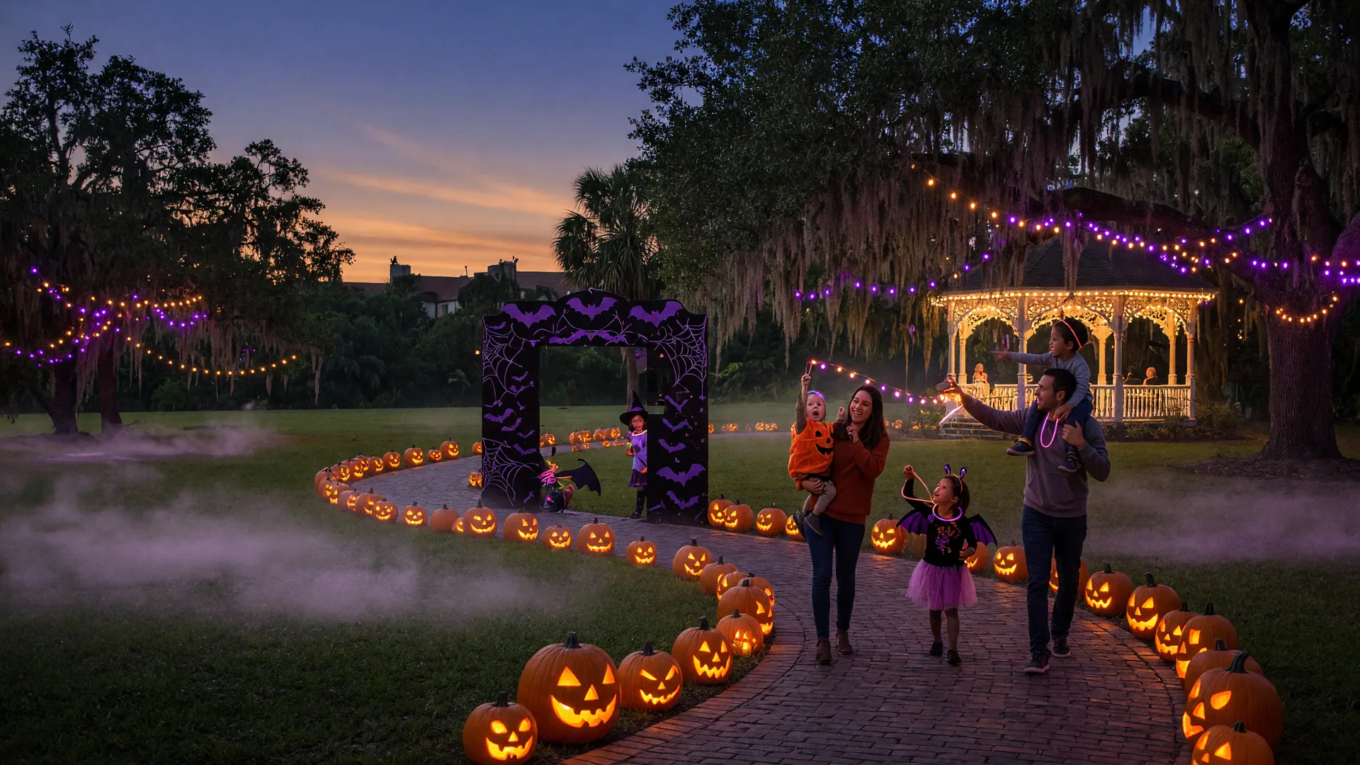 An evening Halloween stroll through a Florida park at dusk with a winding path lined with glowing carved pumpkins and soft purple and amber string lights in the trees, families walking, and a vintage gazebo in the background