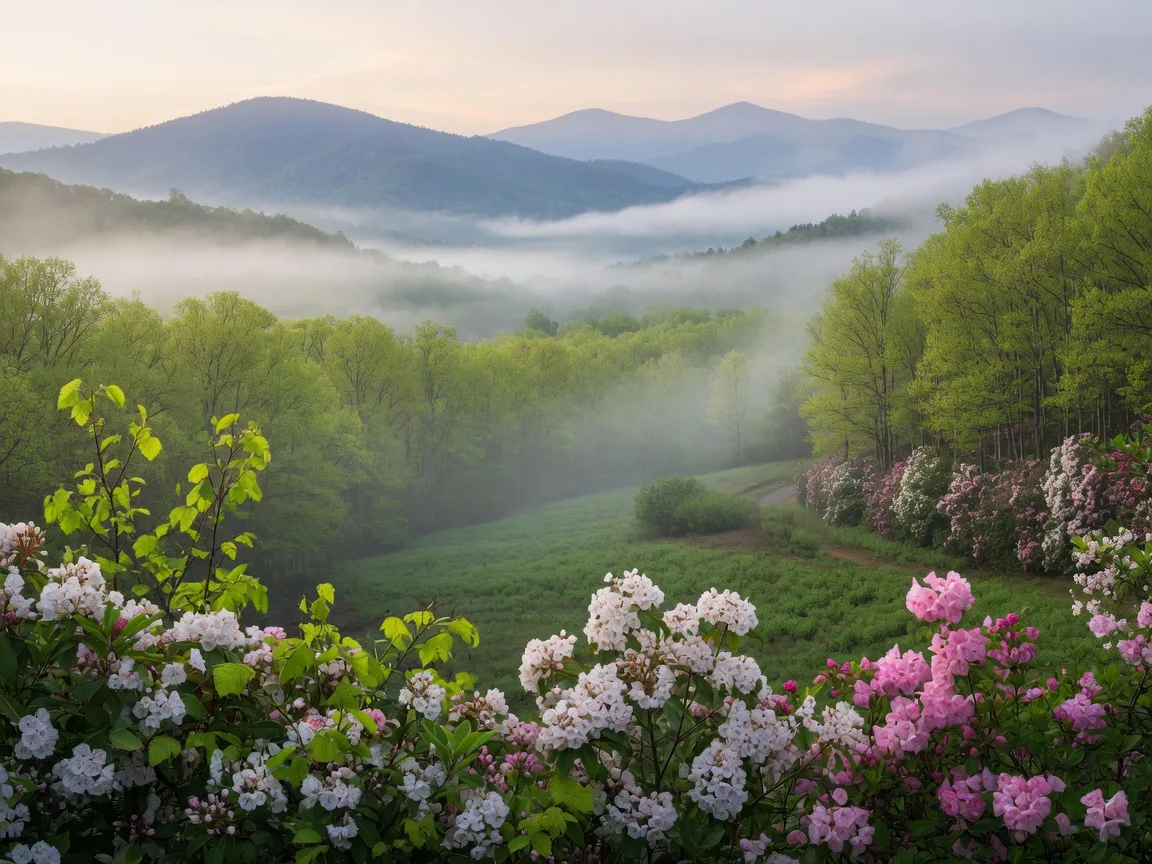 A misty green valley in spring with rhododendron blooming along the forest edge