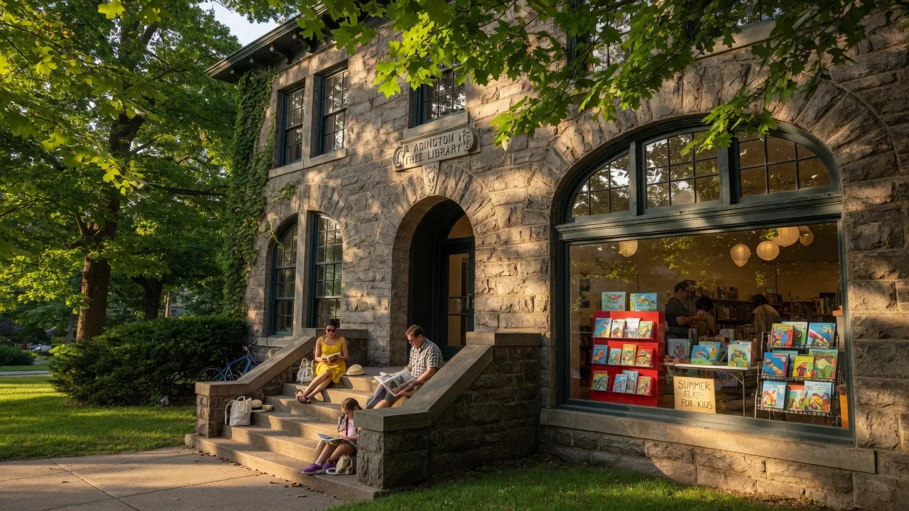 The historic stone facade of Abington Free Library on a warm summer afternoon, with golden sunlight filtering through mature oak trees and people reading on the front steps