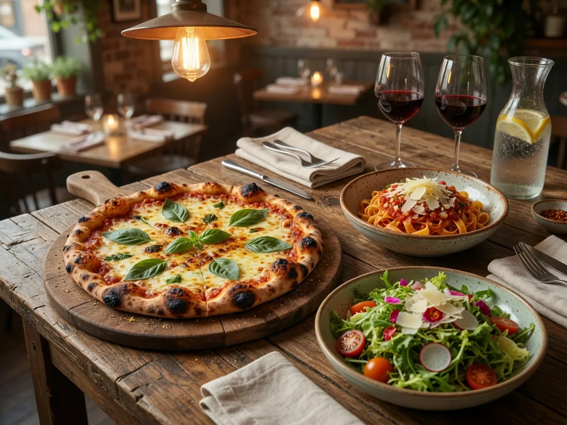 A family-style dinner spread with wood-fired pizza, pasta, and salad on a rustic table in a cozy restaurant