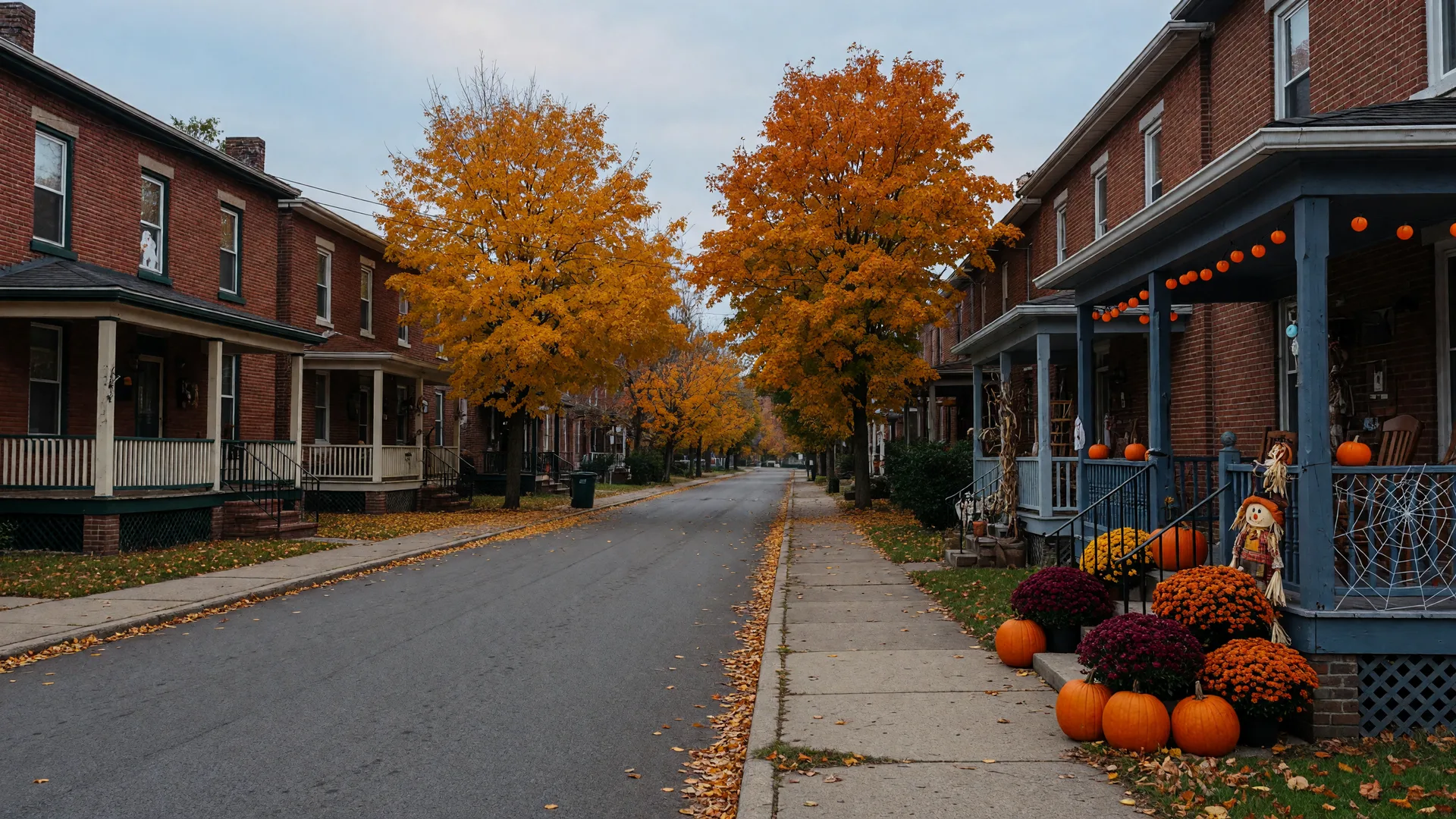 Brick twin homes on a North Catasauqua street in mid-October with golden maples, pumpkins and mums on the porches, and early Halloween decorations in the late-afternoon light