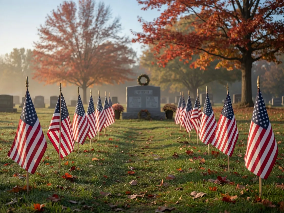 Rows of American flags lining a grass path in a cemetery on a clear November morning for a Veterans Day ceremony