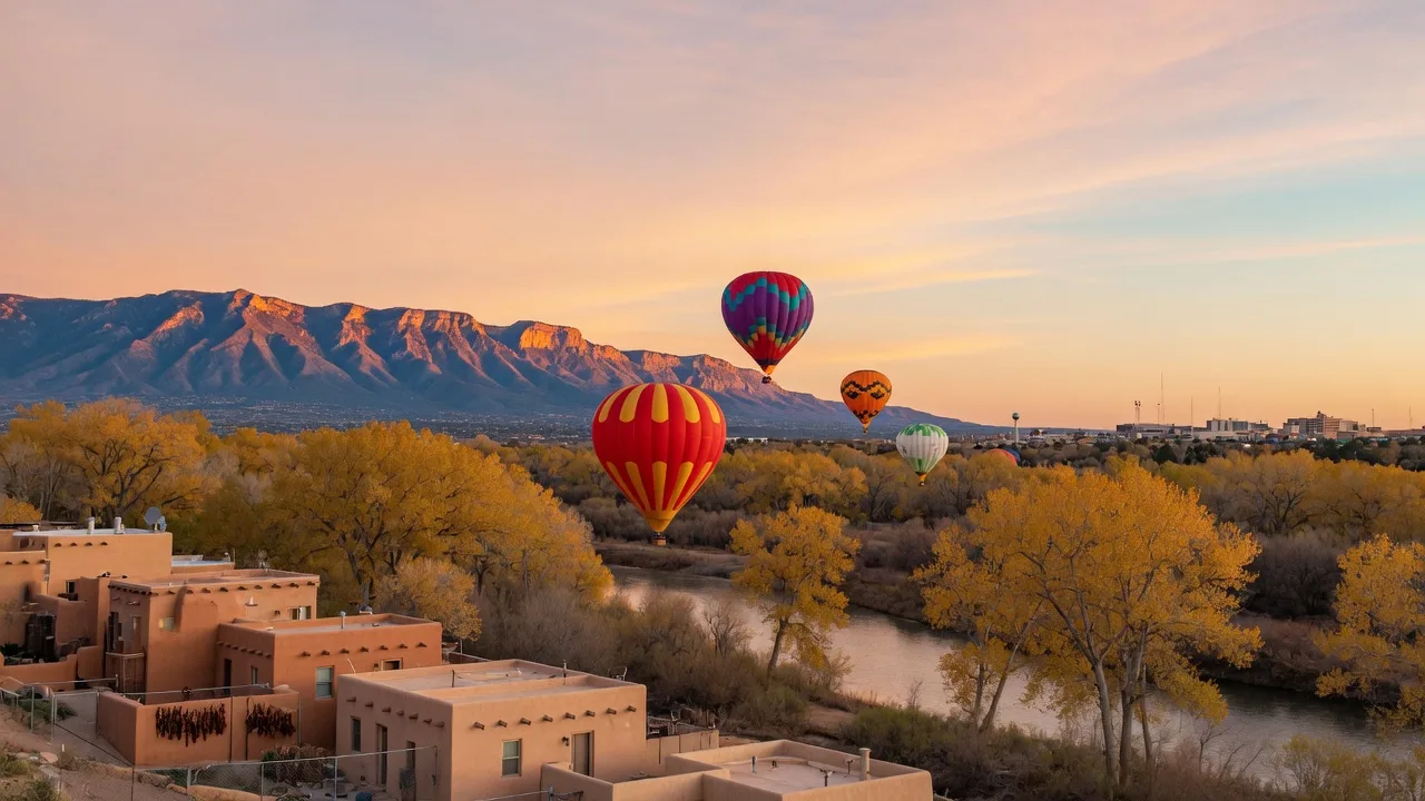Hot air balloons drifting over the golden autumn cottonwoods of the Rio Grande bosque near Albuquerque at sunrise, with the Sandia Mountains glowing blue and orange behind them and adobe homes below