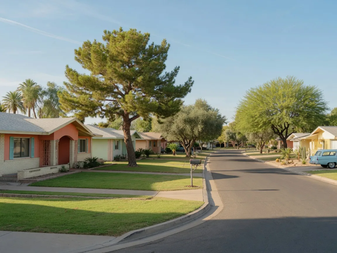 Mid-century ranch homes on a tree-lined street in Glendale, Arizona