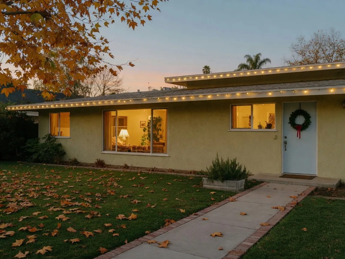 A charming San Gabriel Valley home at dusk in late autumn, warm holiday lights along the roofline and golden light glowing from the windows