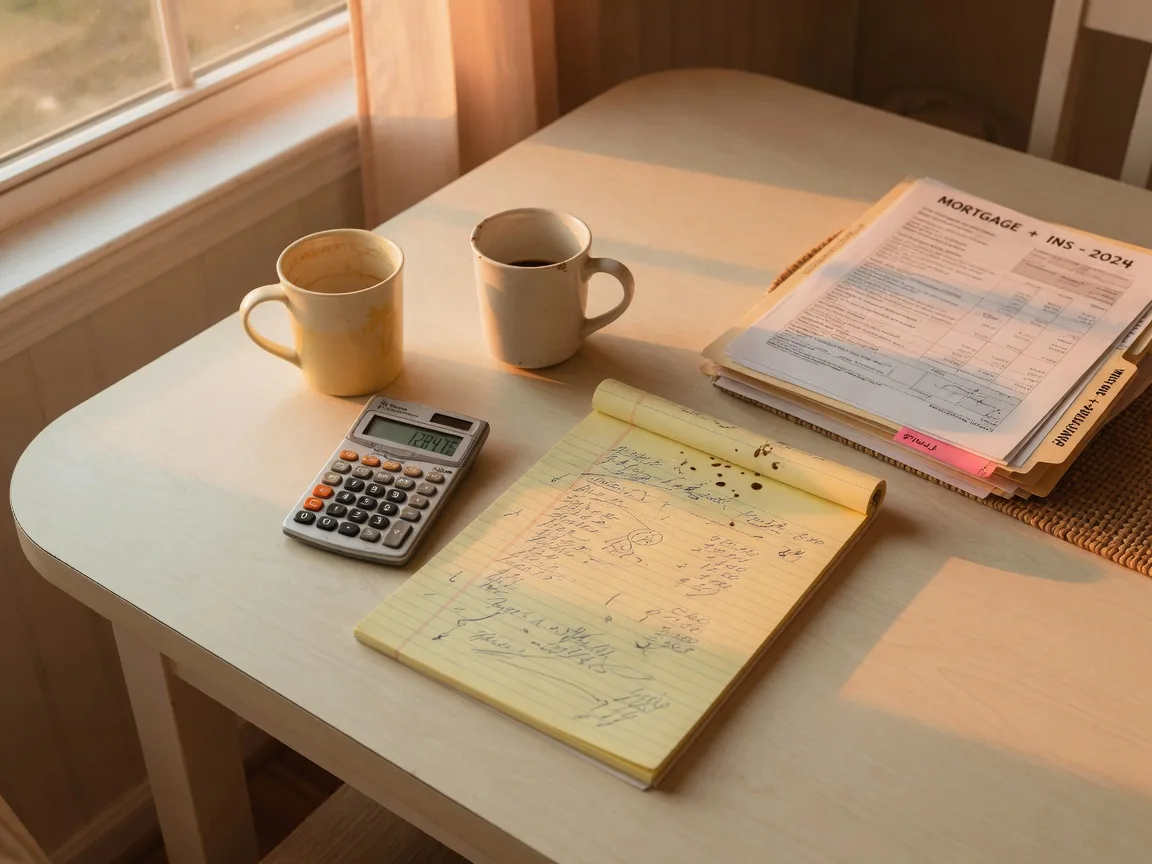 Two coffee cups, a calculator, a yellow legal pad, and a stack of mortgage documents on a sunlit Florida kitchen table.
