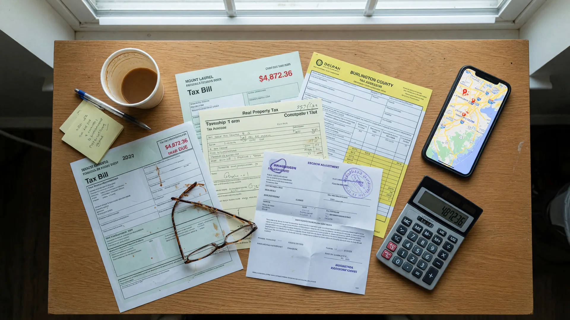 Overhead flat lay of South Jersey property tax documents, calculator, and reading glasses on a wooden desk