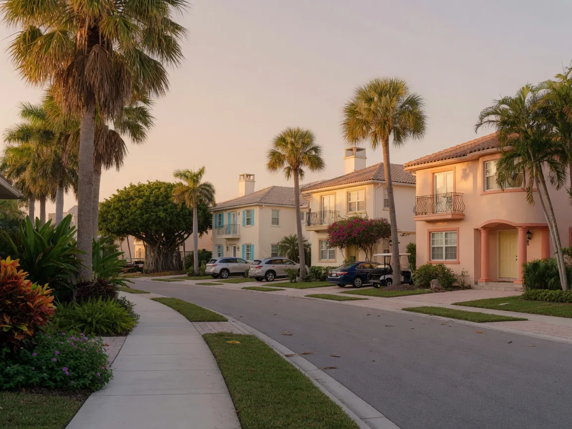 Quiet residential street in a Naples, Florida community with stucco homes, terracotta roofs, and mature palm trees in golden-hour light