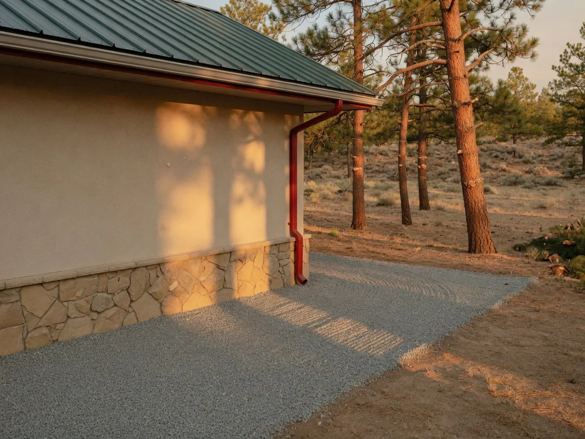 Close view of defensible space at a Colorado foothills home: clean metal roof and gutters, noncombustible stone siding, a crushed gravel perimeter, and thinned ponderosa pines set back from the structure