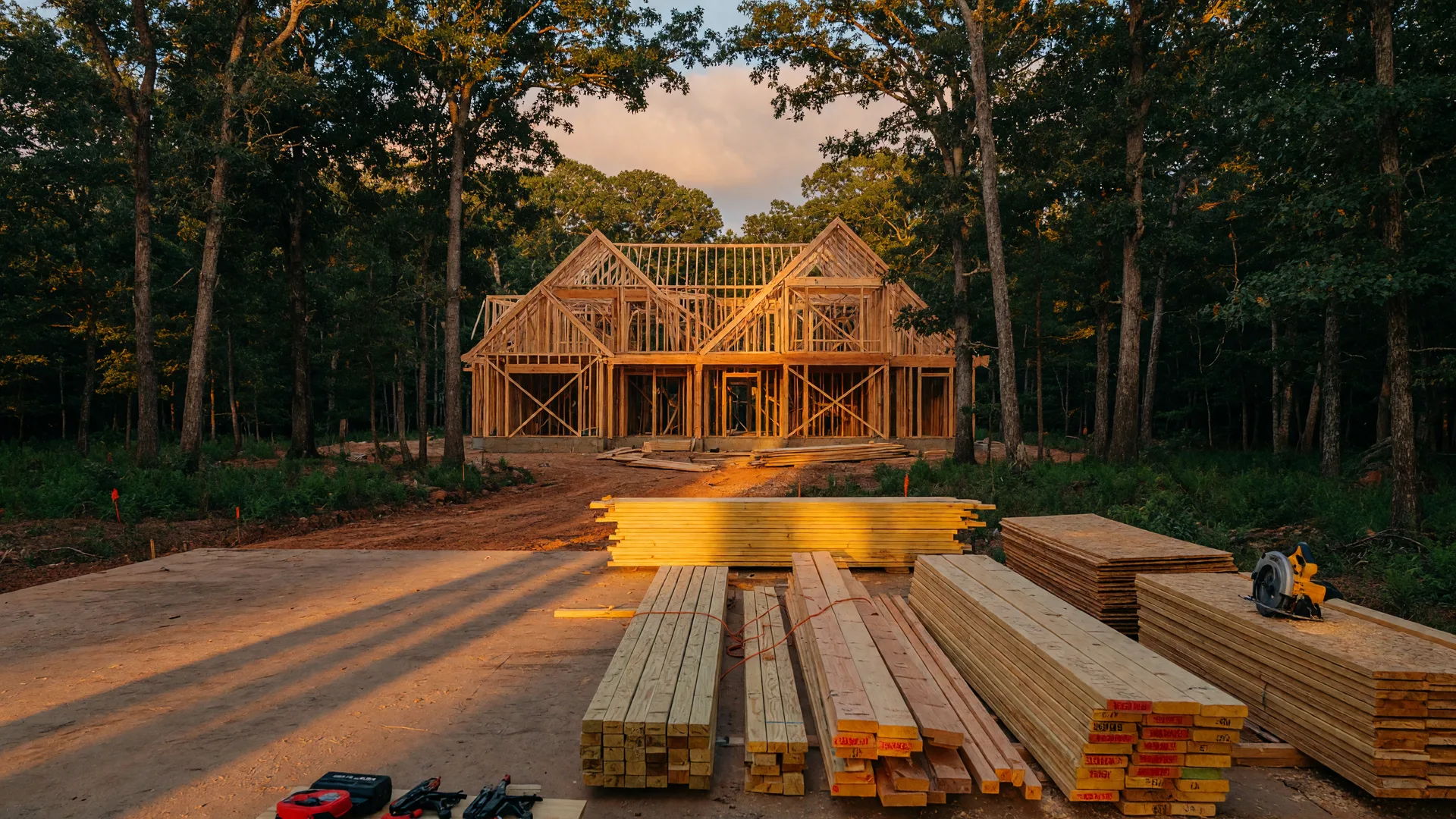 Craftsman-style custom home under construction on a wooded one-acre homesite with lumber in the foreground in Michigan