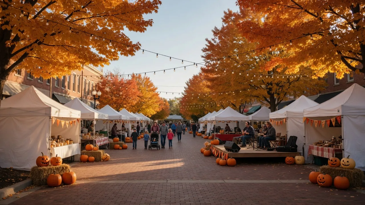 Mid-October fall festival in a Northwest Indiana town square with white vendor tents, a low band stage, hay bales, carved pumpkins, and maple trees in orange and gold autumn color under warm late-afternoon light