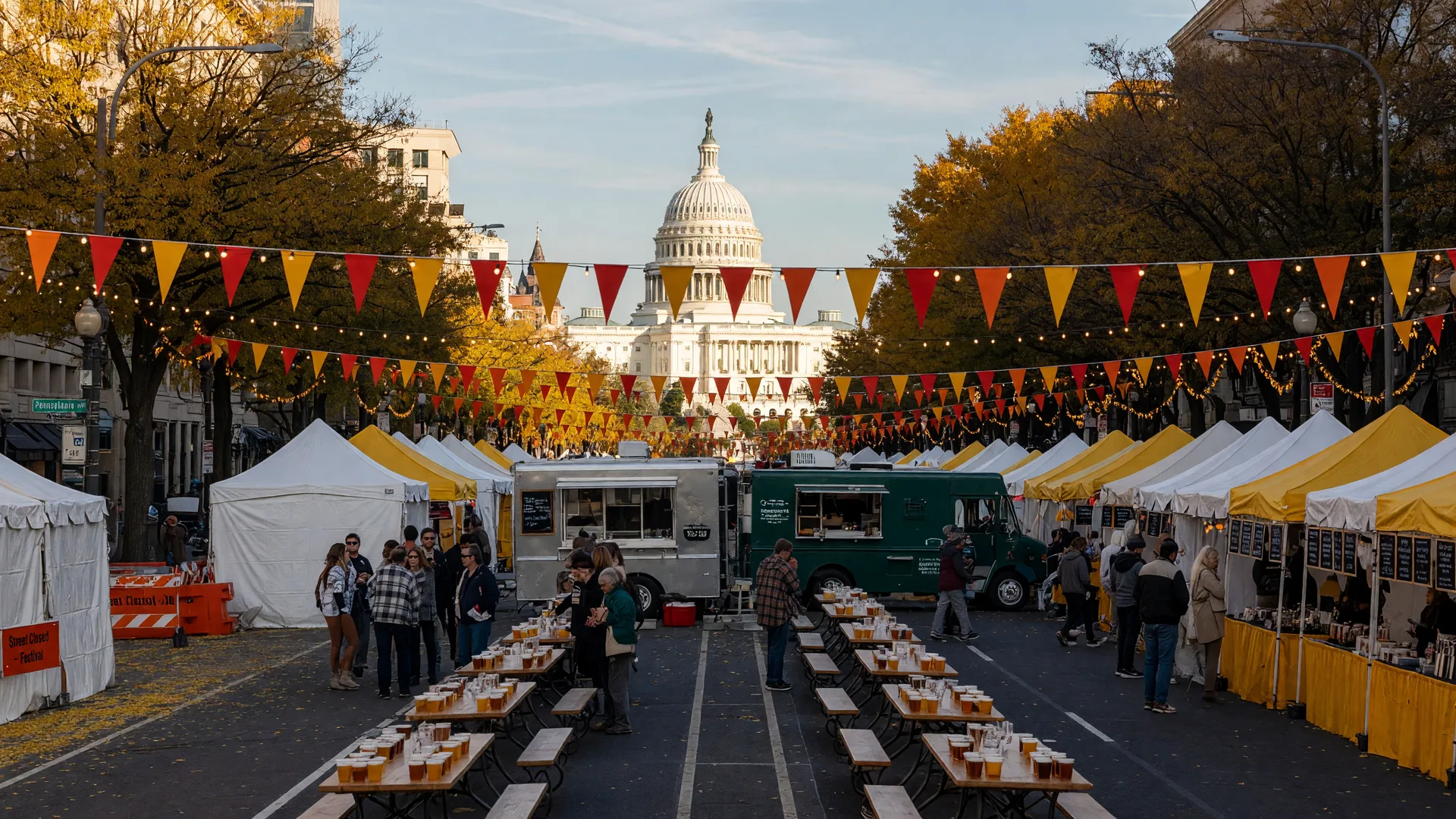 Outdoor beer and food festival on Pennsylvania Avenue NW in Washington DC on a mid-October afternoon, festival tents and tasting booths lining the closed street between 3rd and 7th Streets, string lights and bunting overhead, the US Capitol dome at the end of the avenue