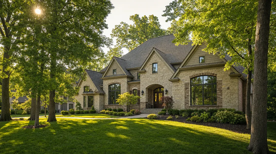 Luxury custom home in a Northeast Ohio suburb with stone facade, large windows, and mature landscaping on a summer morning