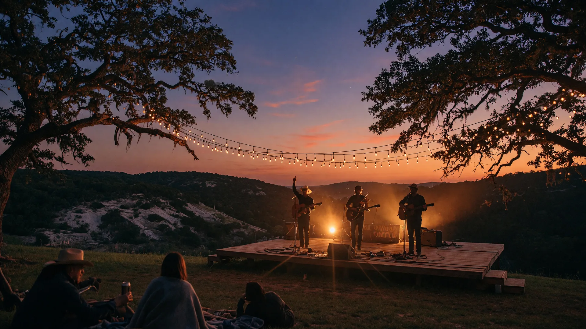 An outdoor live music stage in the Texas Hill Country at dusk with warm string lights in the live oaks and a band silhouetted under amber spotlights