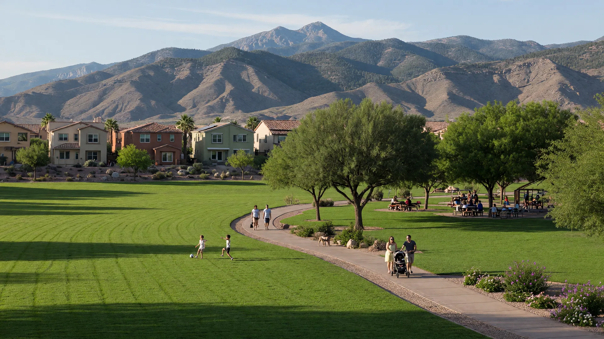 Lush desert landscaping along an established Las Vegas street, representative imagery