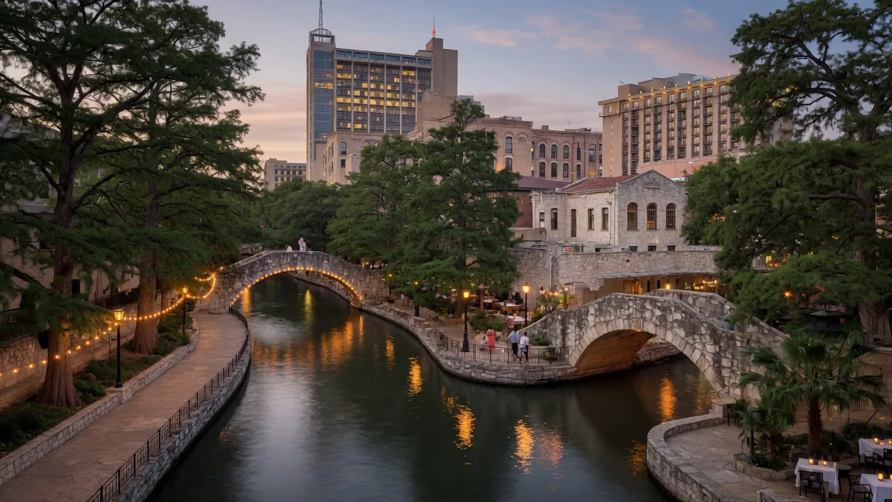 The San Antonio River Walk at dusk, with cypress trees and stone footbridges along the water