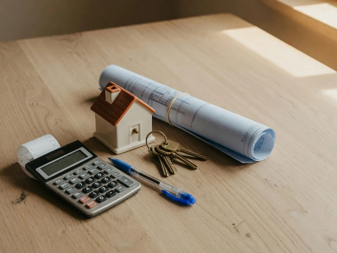 A calculator, pen, brass house keys, a rolled blueprint, and a ceramic model house on a light oak table in warm window light