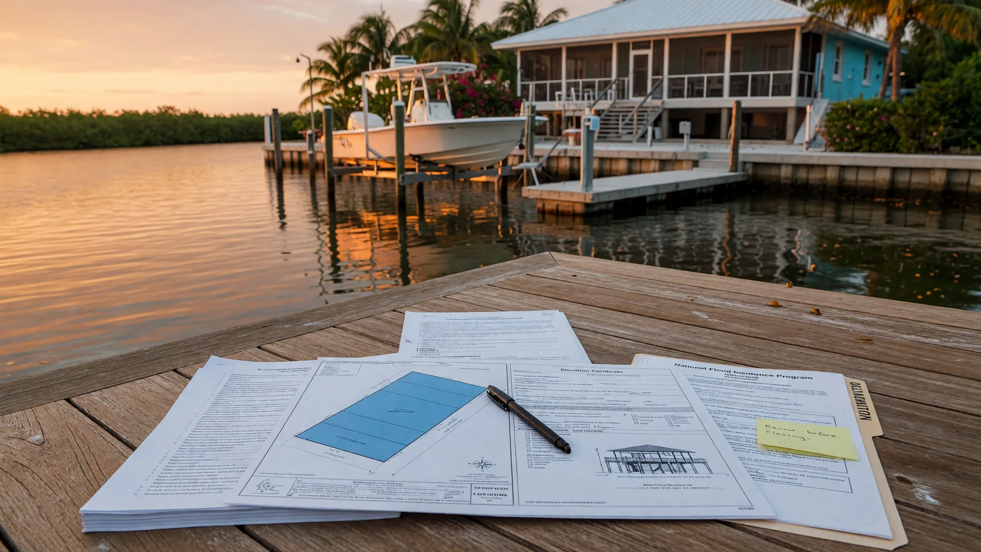 A neat stack of Florida Keys waterfront property documents, a printed survey plat, an elevation certificate, and a flood insurance policy spread across a warm teak dock table at golden hour, a deep-water canal and a luxury elevated metal-roofed Keys home with a private dock and boat lift glowing softly beyond