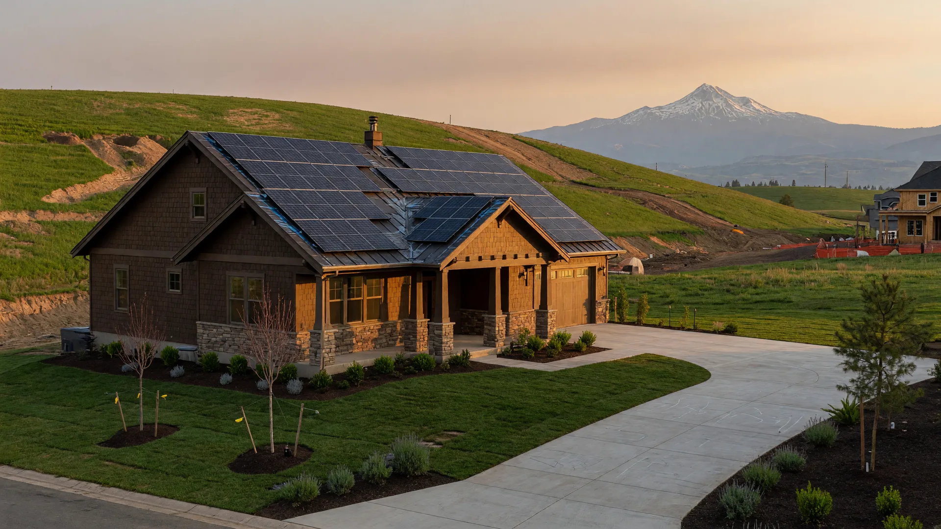 A new craftsman-style Southern Oregon home with solar panels on its roof in the late afternoon light with Mount McLoughlin in the distance