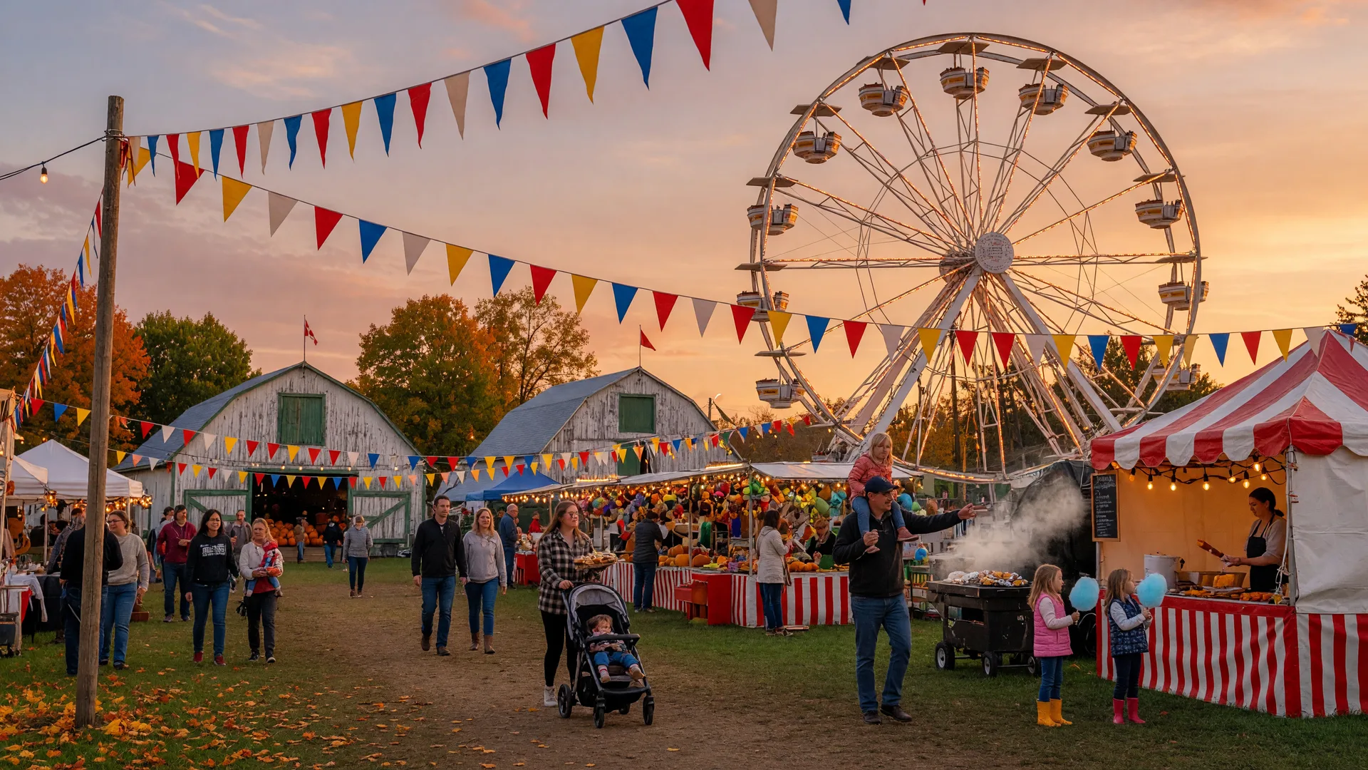 A small-town Ontario fall fair in mid-September at golden hour with a Ferris wheel midway, string lights, bunting flags, food tents and maples just beginning to turn orange