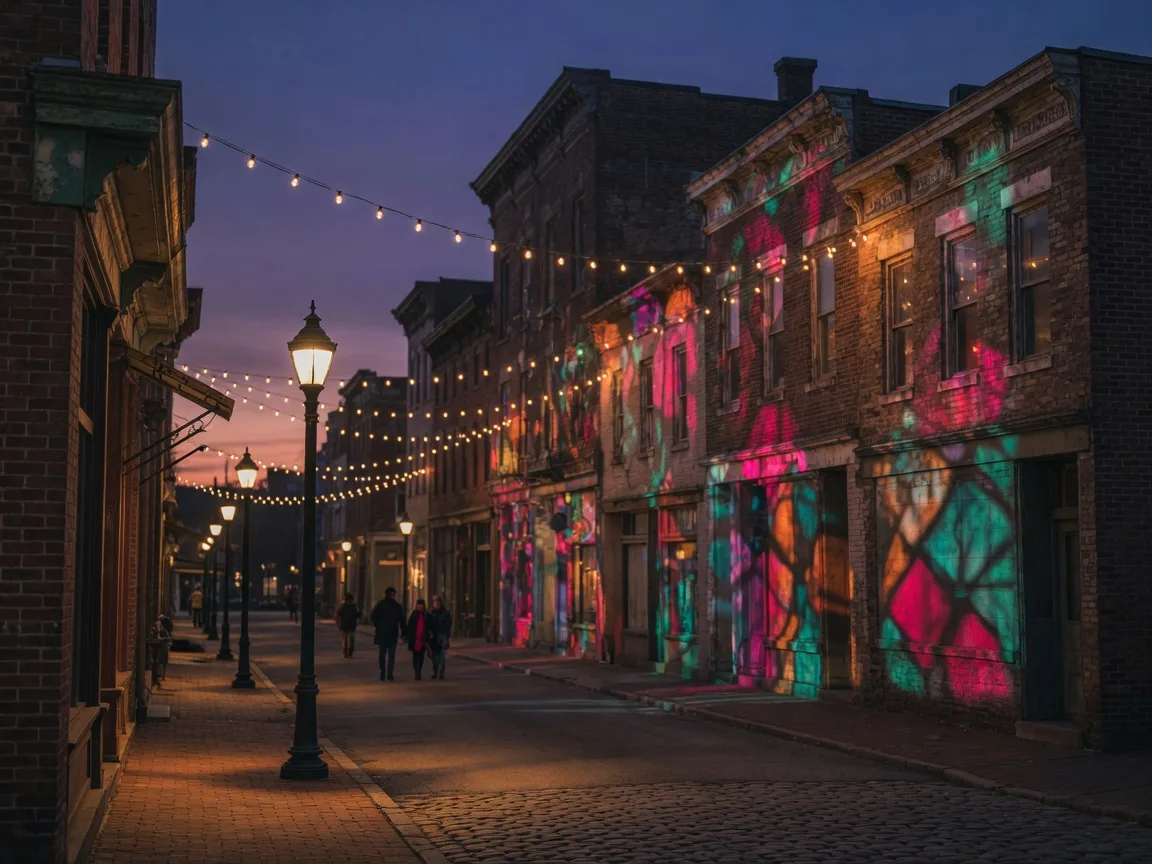 Colorful light projections on historic brick storefronts of a small Pennsylvania downtown at night