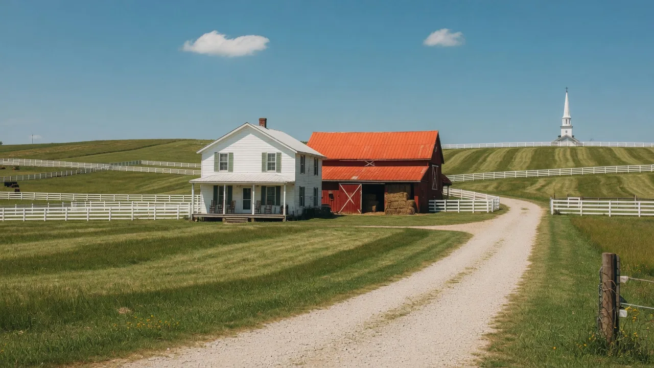 A white farmhouse with a red barn, gravel drive and green hayfields in rural Warren County