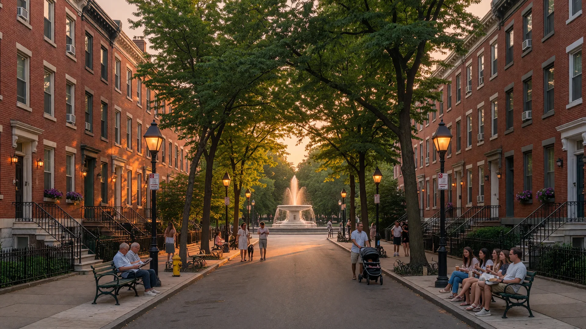 Washington Square West tree-lined streets with historic rowhomes and Washington Square Park