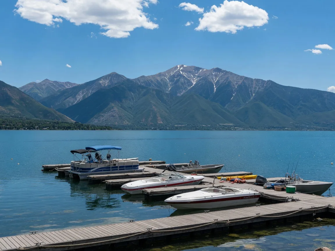 Saratoga Springs Marina on Utah Lake with boats, docks, and the Wasatch Mountains across the water on a sunny summer day