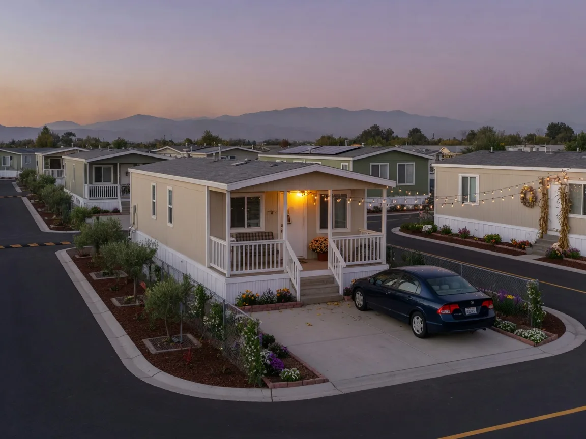 A well-kept California mobile home park space at dusk in October, a single-section home with fresh white skirting, a covered porch with a warm light, flower beds, and a tidy concrete pad, with string lights between nearby homes