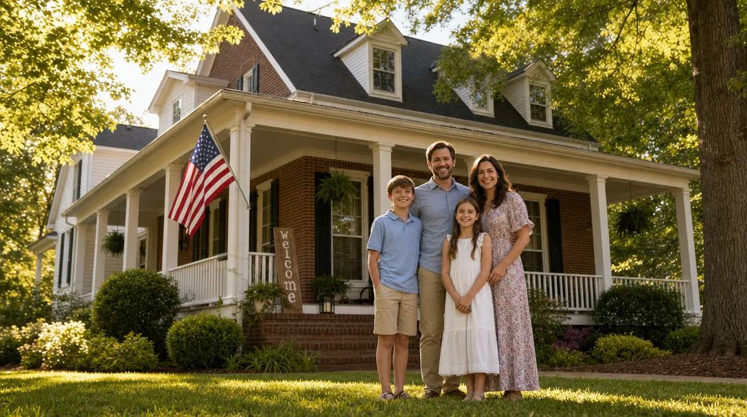 Family standing in front of a welcoming Georgia home with a wraparound porch, American flag, and warm afternoon sun