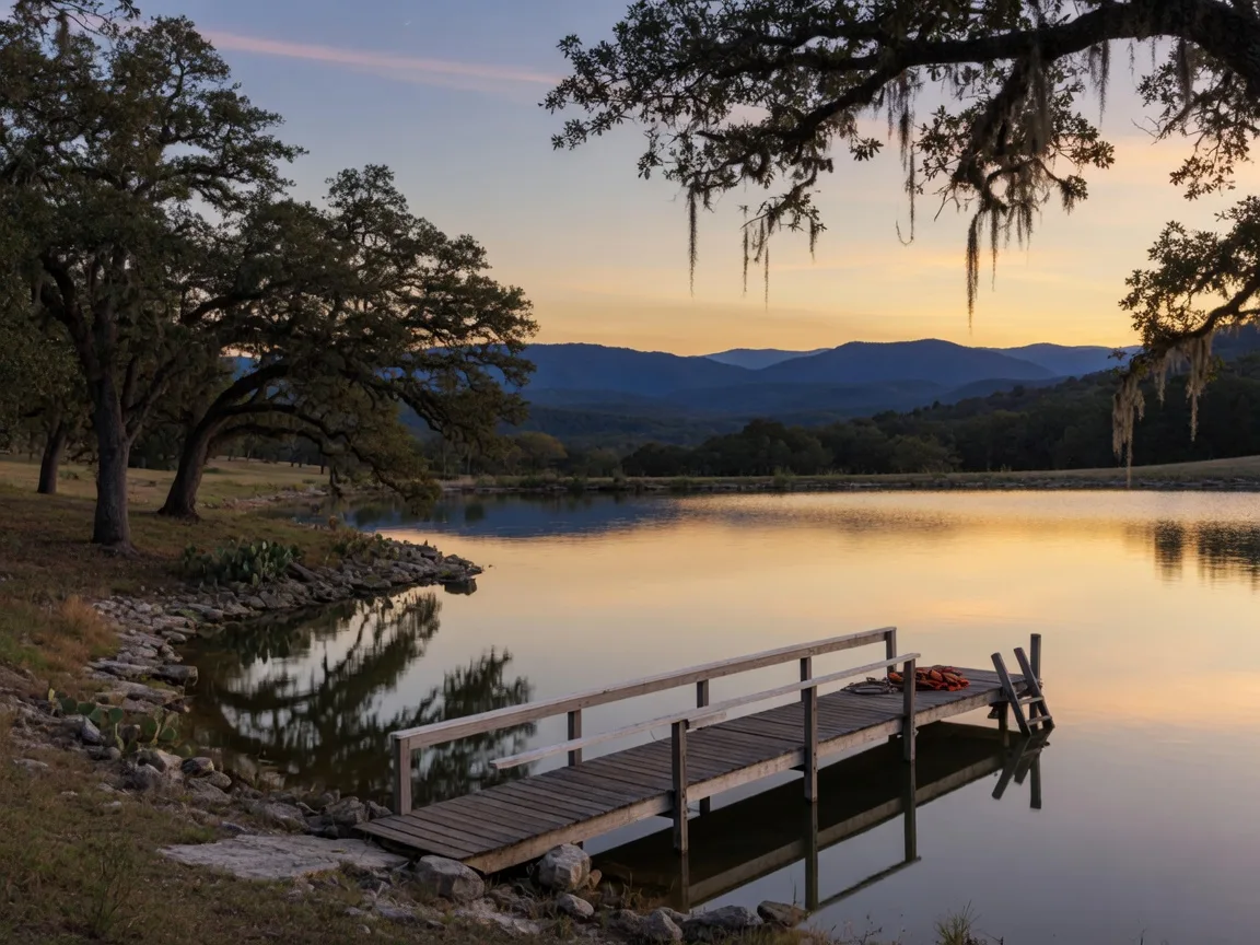 The central pond at Ranch at Latitude 31 with a wooden boat dock at dusk