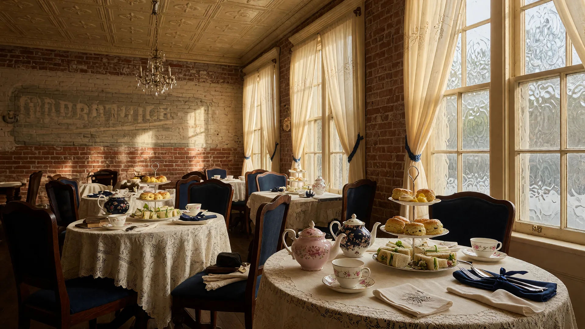 The vintage tea room interior of Fergusson's on the Square in Hoschton Georgia, lace-topped tables set with floral china teapots and tiered stands, golden afternoon light
