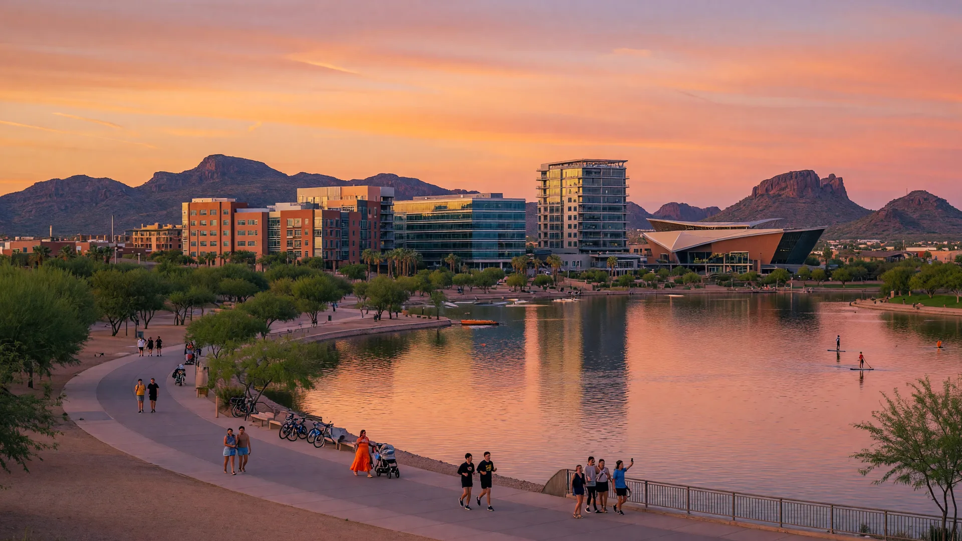 Tempe Town Lake at sunset with the downtown Tempe skyline and desert mountains on the horizon