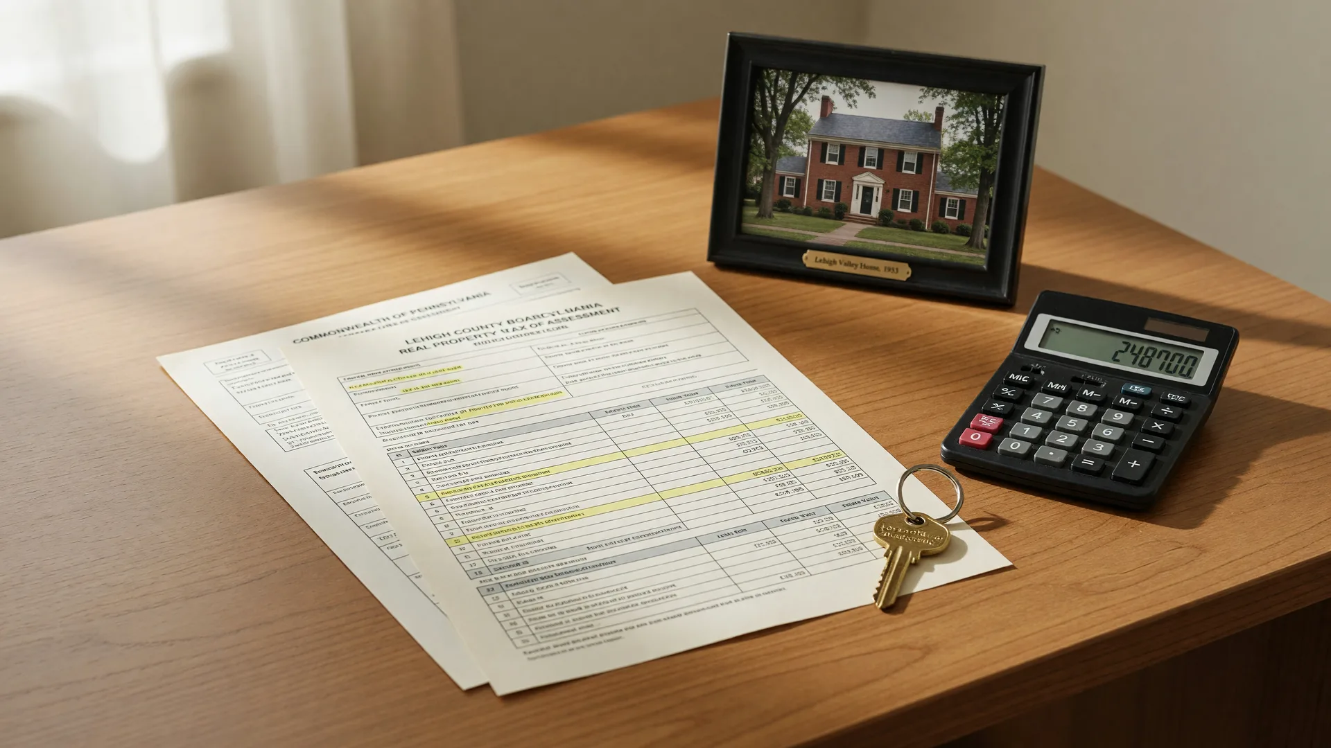 Property tax assessment document with calculator and house key on a desk next to a framed photo of a colonial home in Pennsylvania