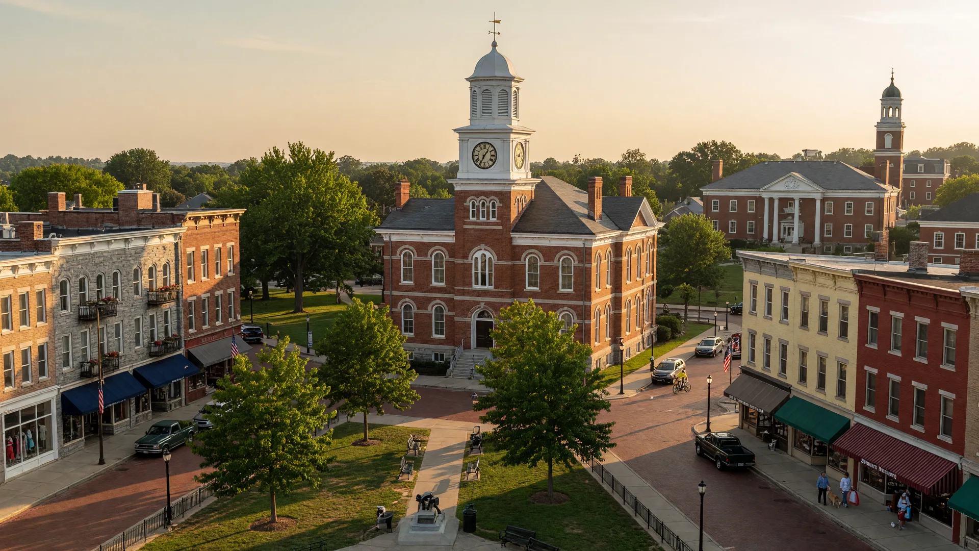 Historic courthouse square in downtown Delaware Ohio with brick courthouse, clock tower, and tree-lined streets at golden hour