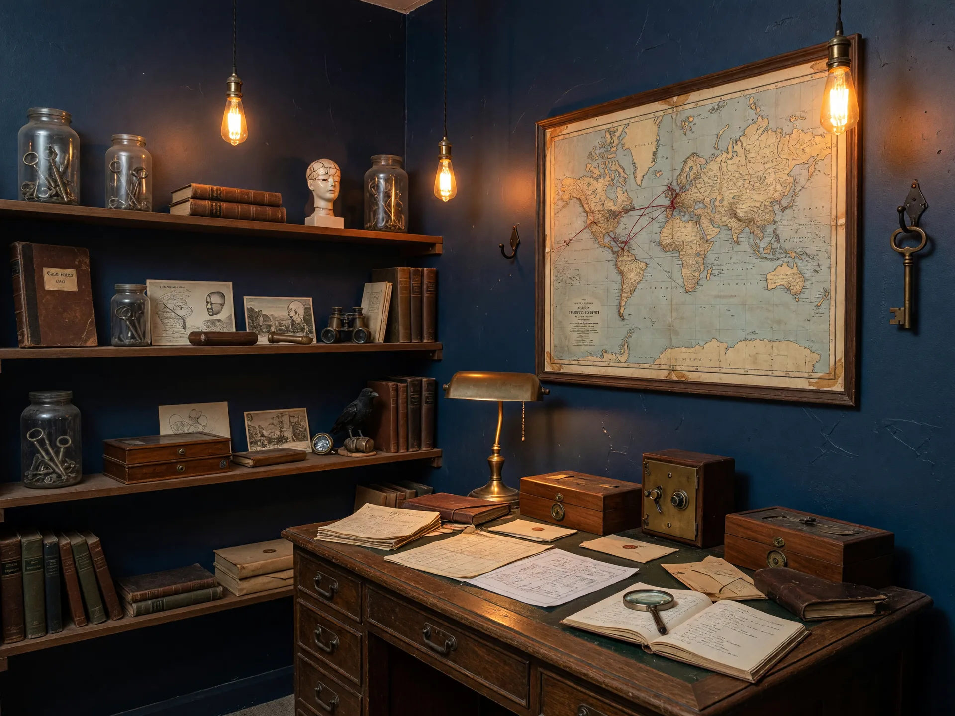 The Escape Room Fishers at 116th Street and Lantern Road in Fishers Indiana, a moody escape room lobby styled like a vintage detective's study with deep navy walls, warm Edison bulb lighting, antique props, and an old world map