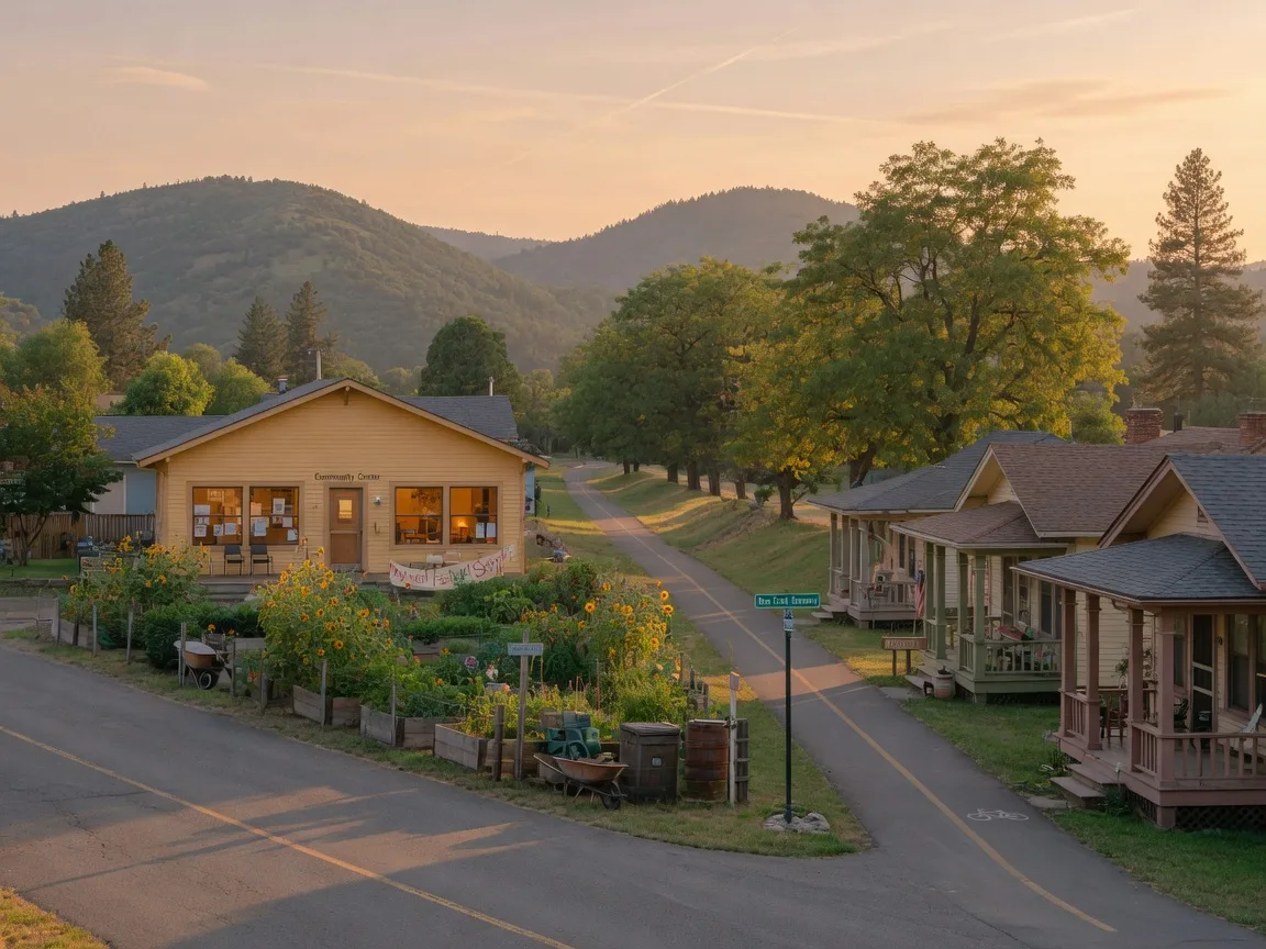 Talent's quiet main street at golden hour with craftsman bungalows, gardens, and the Greenway path