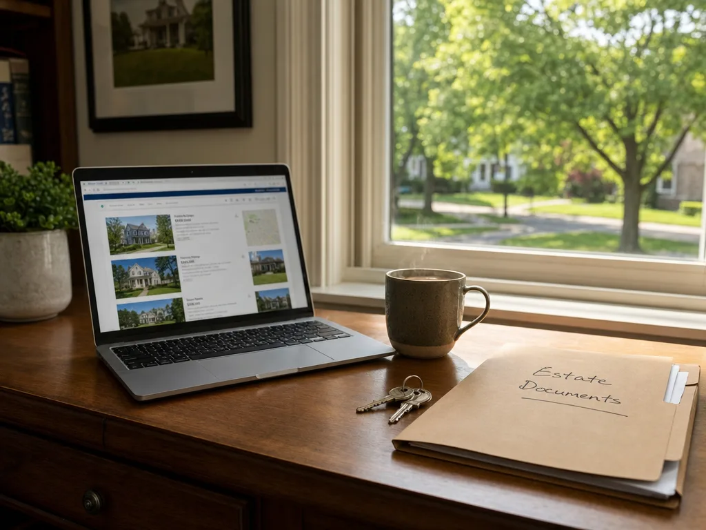 A home office desk with a laptop showing real estate listings, a cup of coffee, house keys, and a folder labeled Estate Documents, representing the remote management of a Maryland probate property