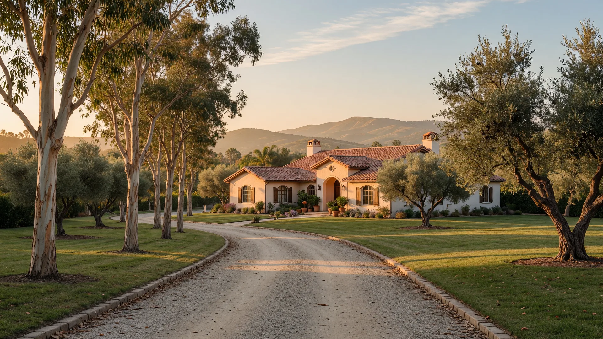 A long private lane lined with eucalyptus trees leading toward an elegant Mediterranean-style estate on rolling green hills, the country estate setting Rancho Santa Fe is known for