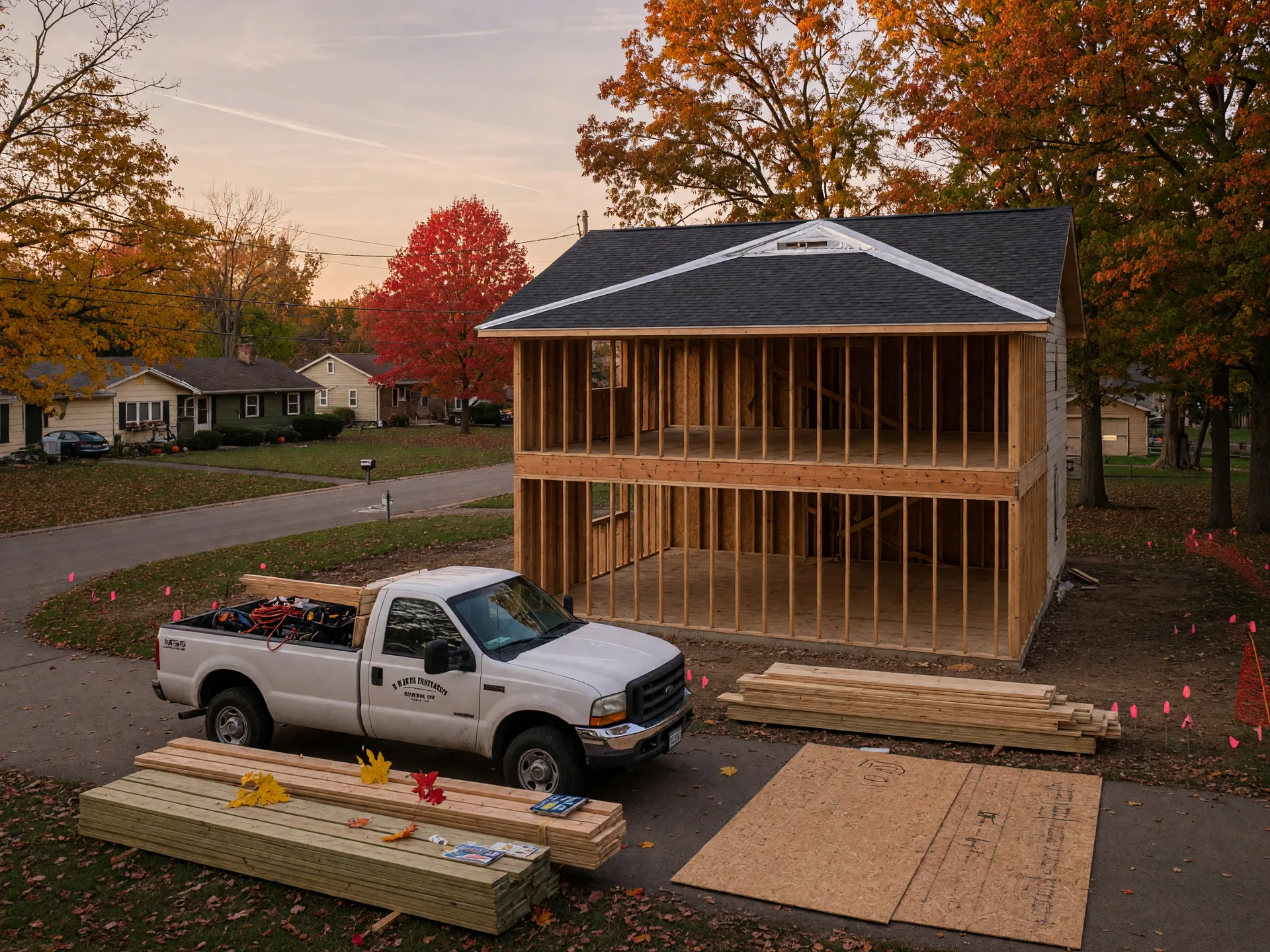 A new home under construction in a Northeast Ohio suburb with autumn leaves on the trees