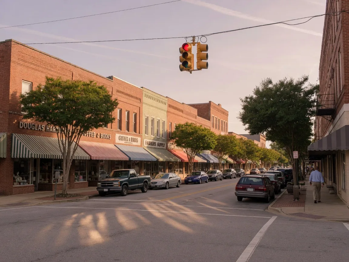 Downtown Douglasville with brick storefronts and mature trees along a quiet small-town main street