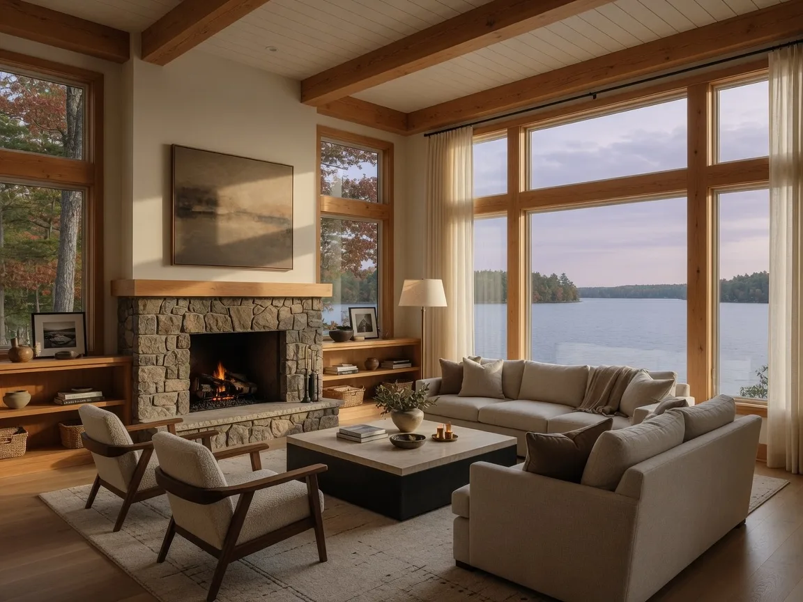 Luxury lakefront home interior with lake views