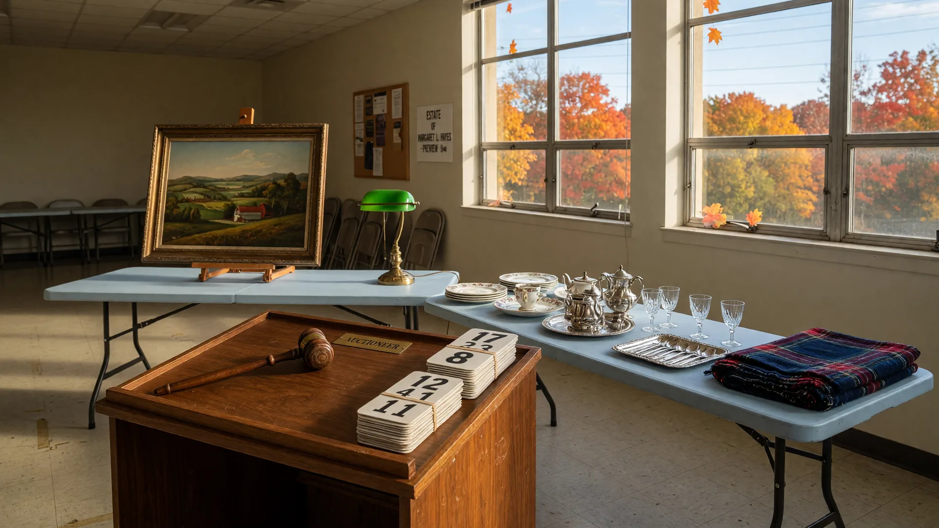 Auctioneer podium with a gavel and numbered bidder paddles in front of display tables holding estate items, framed art, china, and silver, in a bright Northeast Ohio sale hall with autumn trees visible through tall windows