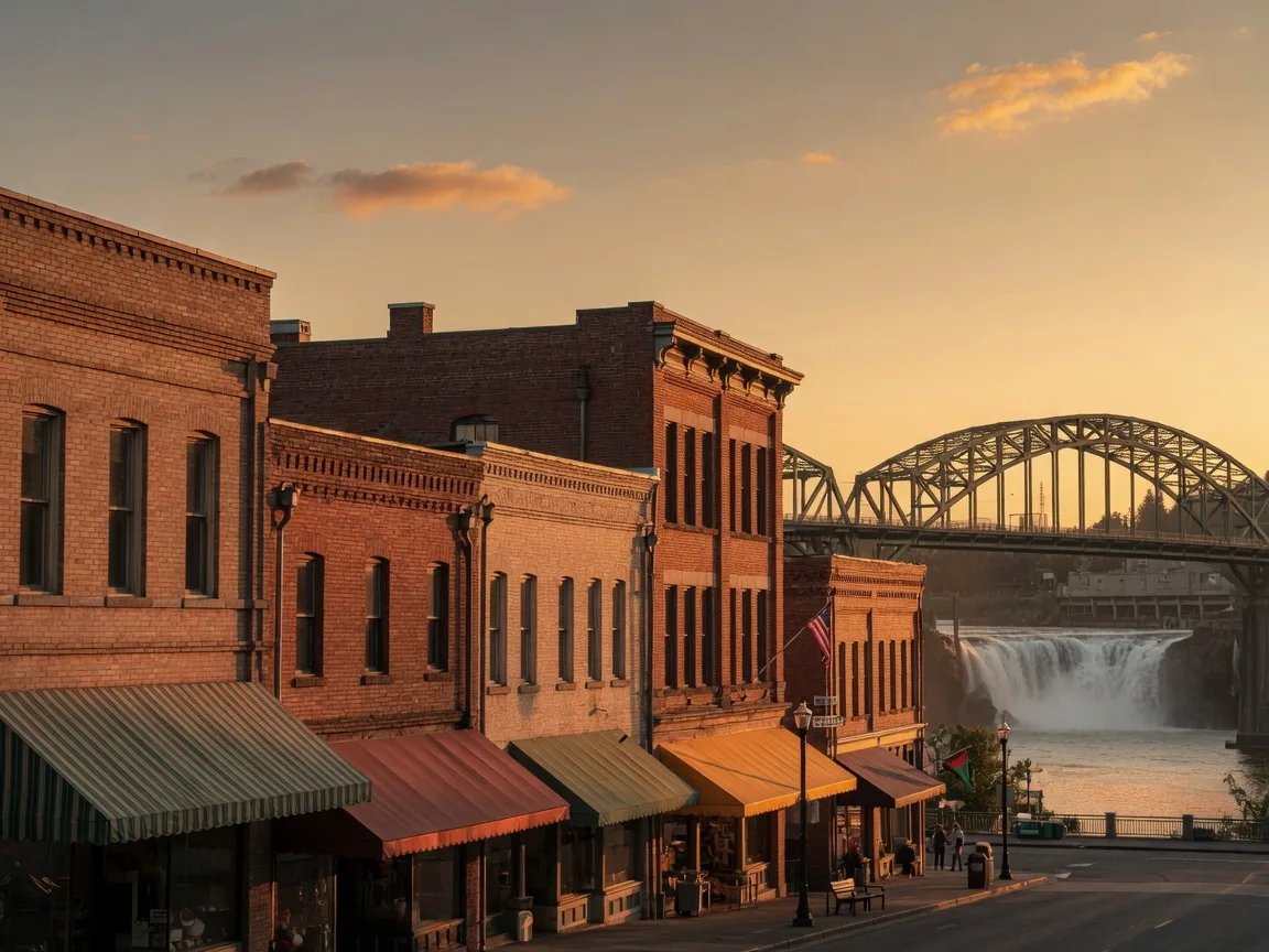 Oregon City's historic Main Street with old brick storefronts and awnings at golden hour, the Arch Bridge and Willamette Falls area in the distance