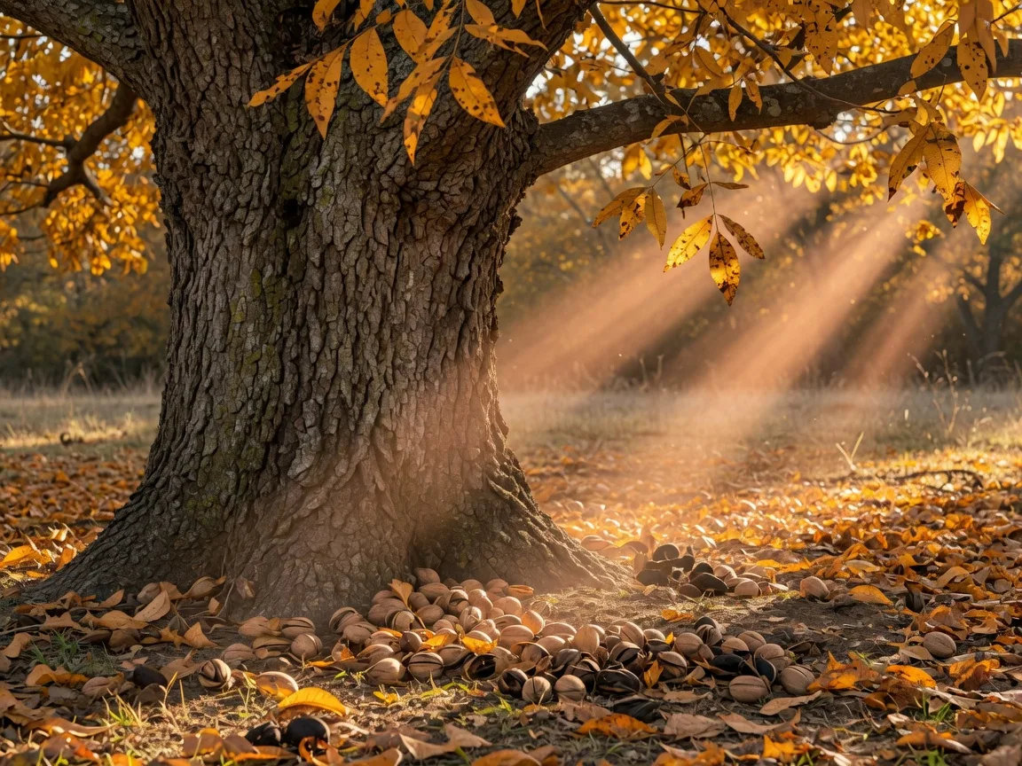 Autumn in a mature Georgia pecan grove: a wide pecan tree trunk with rough bark, golden leaves overhead, and a scattering of pecans on the dry ground in low warm light