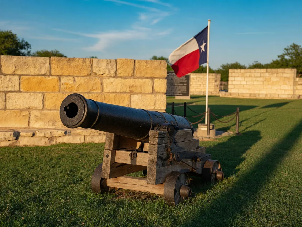 A vintage iron cannon resting on a wooden carriage at the Come and Take It memorial in Gonzales, Texas, with a small Texas flag, golden limestone, and green lawn under warm late-afternoon light