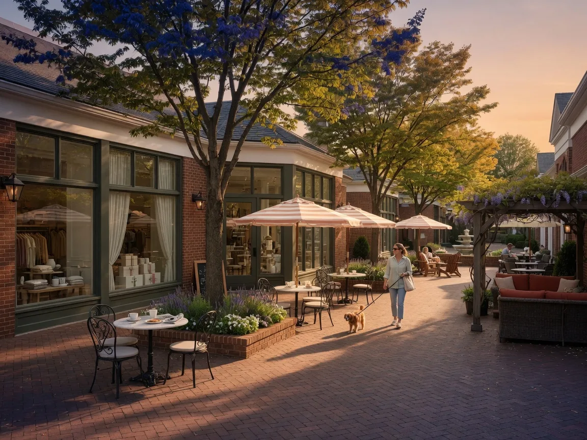 An open-air lifestyle shopping center in Northern Virginia with brick-paved walkways, shade trees, outdoor café seating, and a person walking a small leashed dog